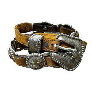 Western Brown Leather Silver Concho Star Belt Cowboy Boho Western Style
